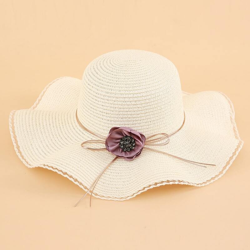 

Flower Decor Straw Hat, Beige