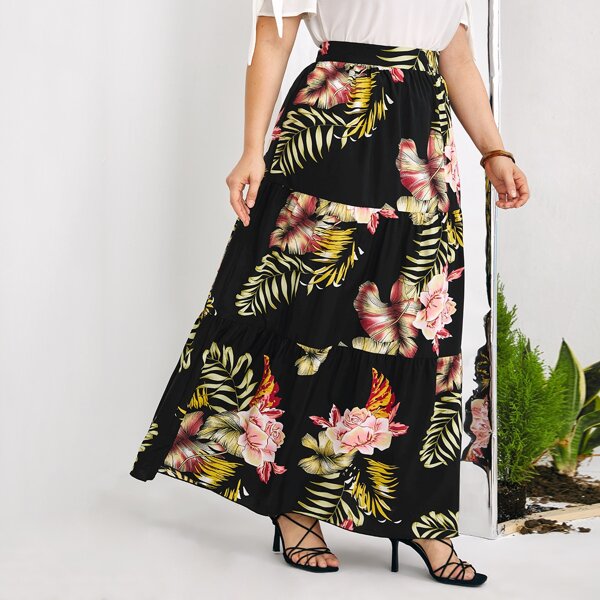 

Plus Tropical Print Maxi Skirt, Black