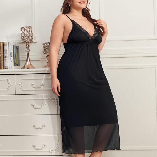 

Plus Lace Insert Low Back Mesh Sleep Dress, Black
