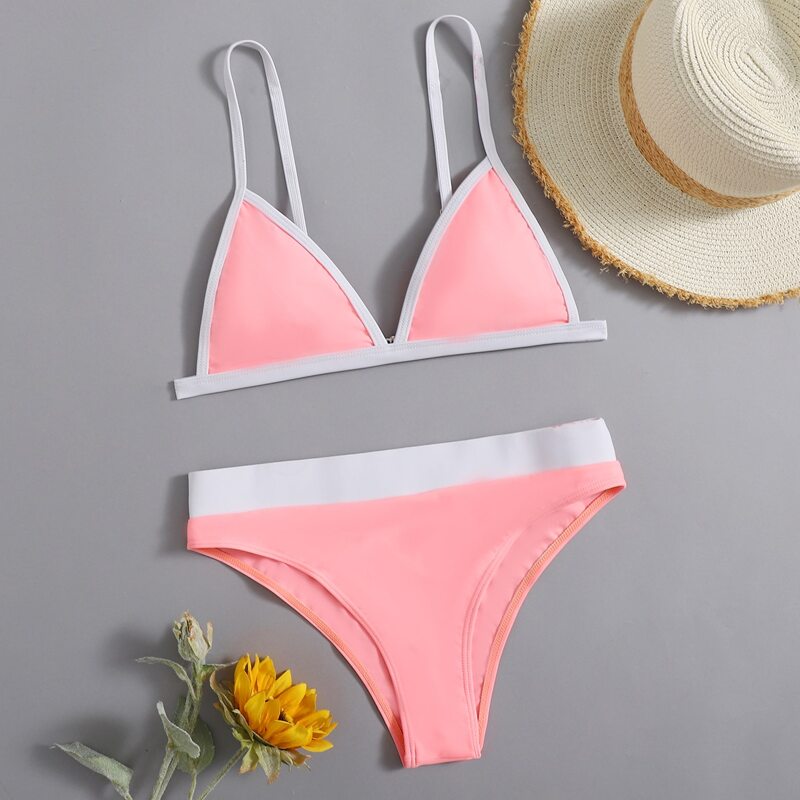 

Contrast Binding Triangle Bikini Swimsuit, Pink