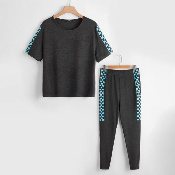 

Plus Colorblock Tape Panel Top & Pants Set, Black