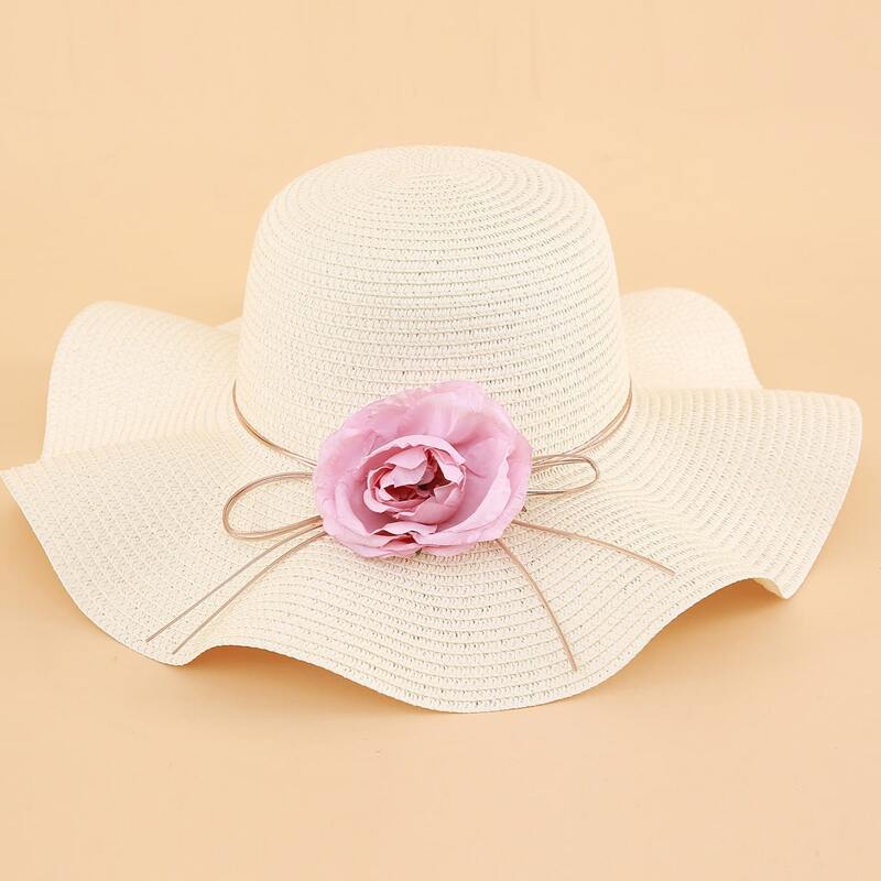 

Flower Decor Straw Hat, Beige