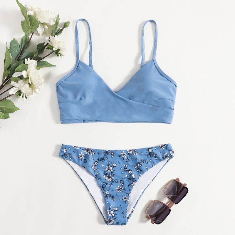 

Floral Wrap Bikini Swimsuit, Blue