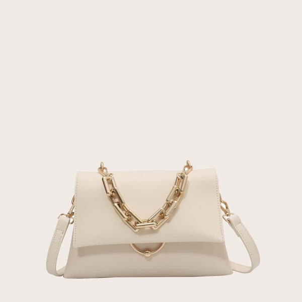 

Metal Decor Chain Satchel Bag, Beige