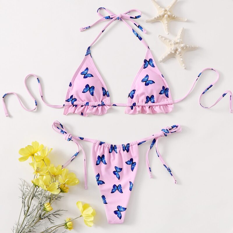 

Butterfly Print Triangle Thong Bikini Swimsuit, Pink