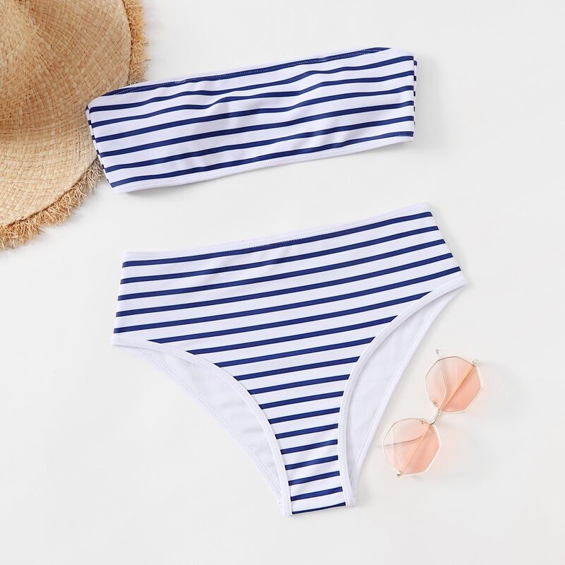 

Stripe High Waist Bikini Swimsuit, Blue and white