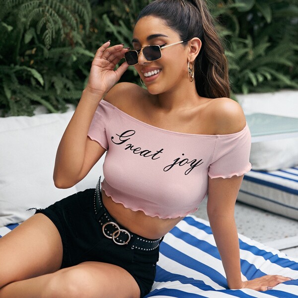 

Off Shoulder Lettuce Trim Letter Graphic Crop Tee, Baby pink