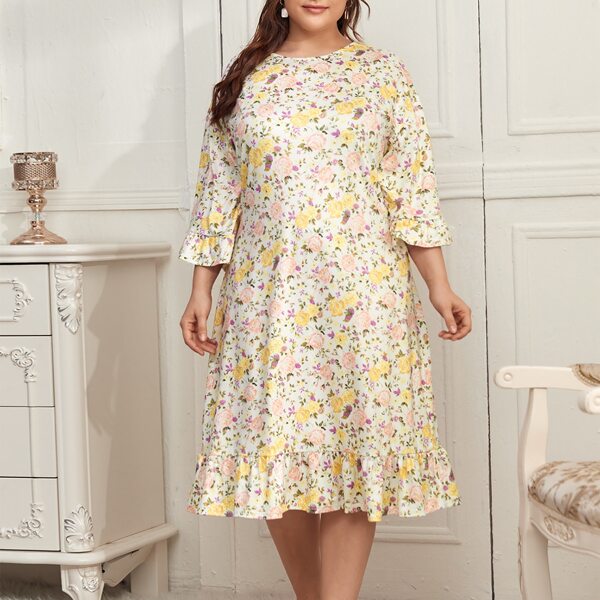 

Plus Allover Floral Print Ruffle Hem Night Dress, Multicolor