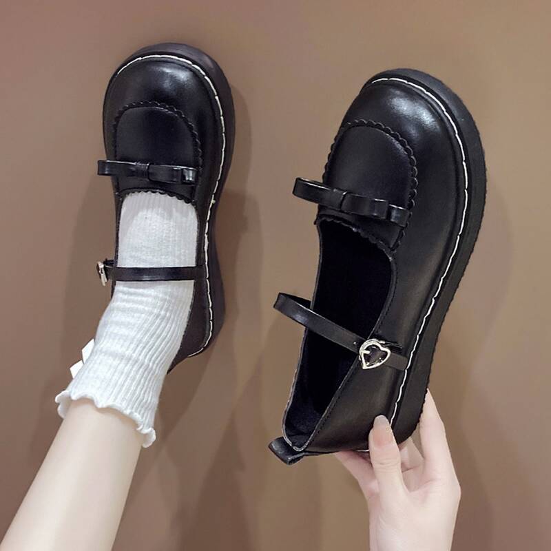 

Bow Heart Buckle Mary Jane Flats, Black