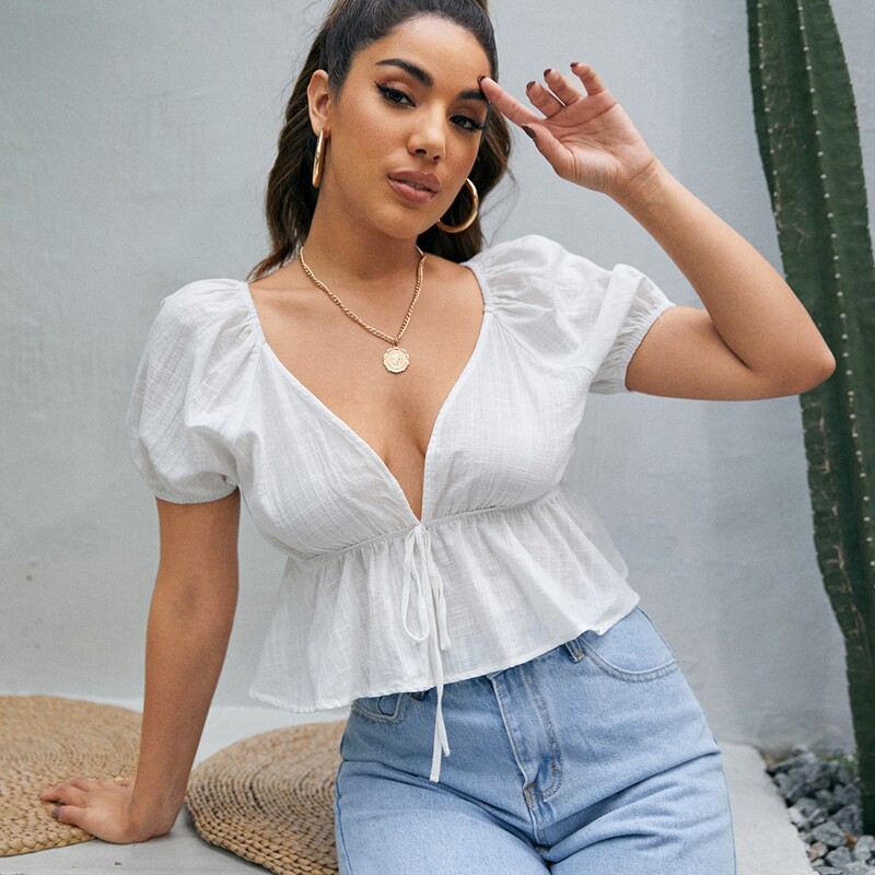 

Tie Backless Puff Sleeve Peplum Top, White