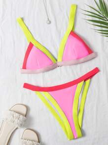 Conjunto de bikini triangular de tanga con ribete de contraste - Multicolor - Ver 1