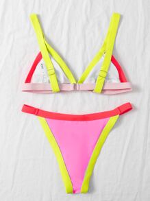 Conjunto de bikini triangular de tanga con ribete de contraste - Multicolor - Ver 2