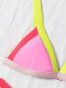 Conjunto de bikini triangular de tanga con ribete de contraste - Multicolor - Ver 3