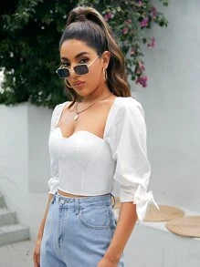 Soleia Shirred Back Knot Sleeve Bustier Crop Top - White - View 3