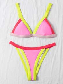 Conjunto de bikini triangular de tanga con ribete de contraste - Multicolor - Ver 5