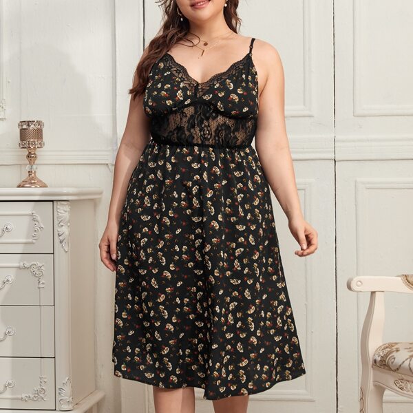 

Plus Floral Print Lace Panel Cami Night Dress, Black