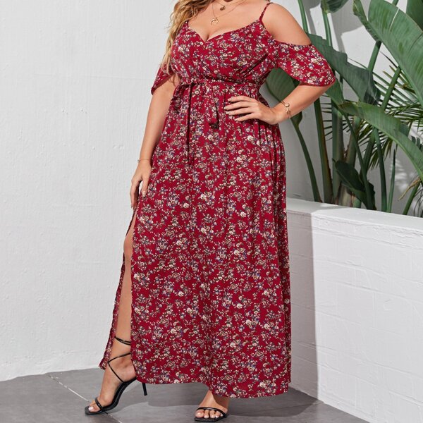 

Plus Cold Shoulder Split Thigh Ditsy Floral Dress, Burgundy