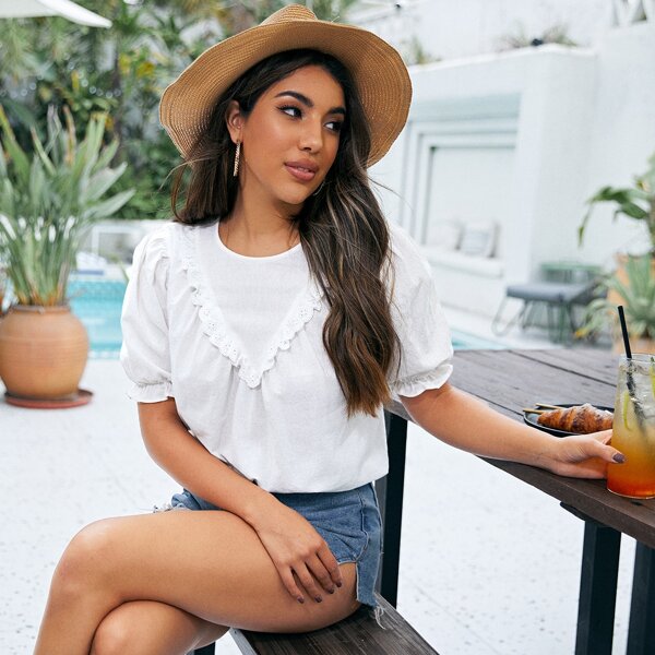 

Puff Sleeve Schiffy Ruffle Detail Top, White