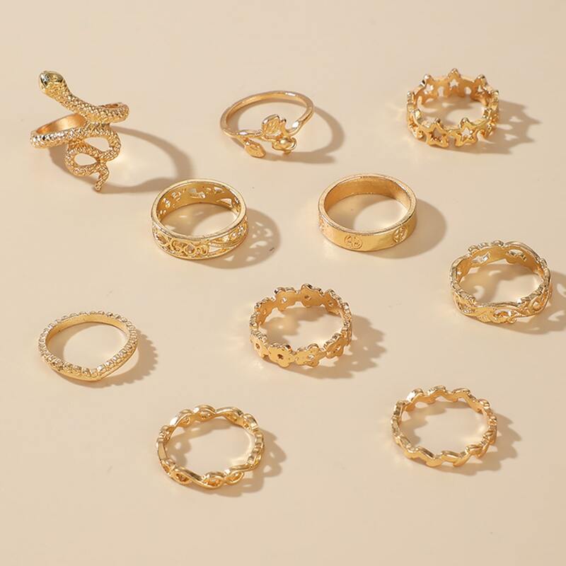 

10pcs Snake & Star Design Ring, Gold