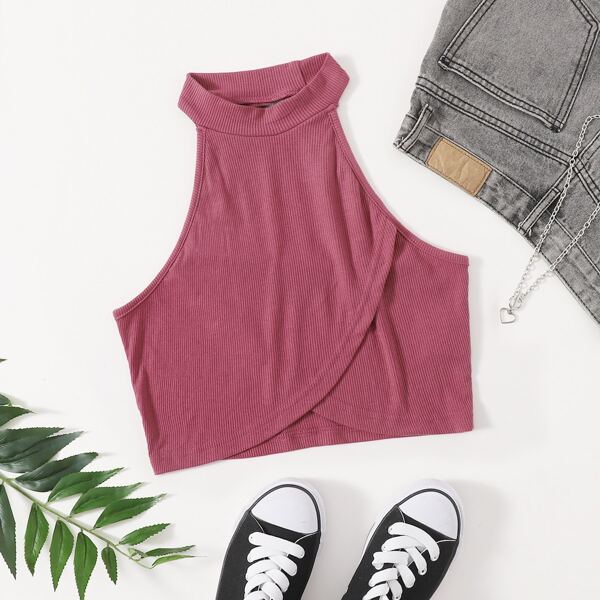 

Solid Crop Halter Top, Pink