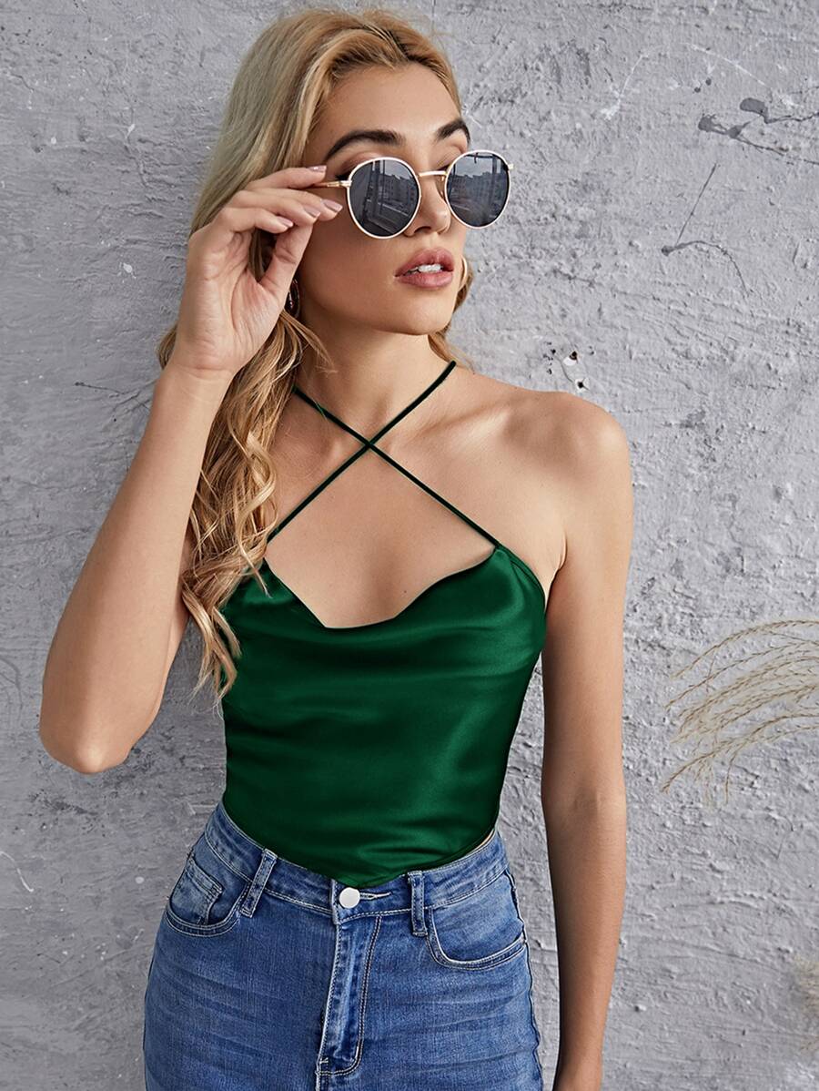 SHEIN Privé 前垂褶繫帶露背緞面短版吊帶上衣 - 墨綠色 - 查看 1