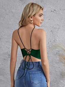 SHEIN Privé 前垂褶繫帶露背緞面短版吊帶上衣 - 墨綠色 - 查看 2