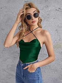 SHEIN Privé 前垂褶繫帶露背緞面短版吊帶上衣 - 墨綠色 - 查看 4
