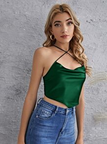 SHEIN Privé 前垂褶繫帶露背緞面短版吊帶上衣 - 墨綠色 - 查看 5