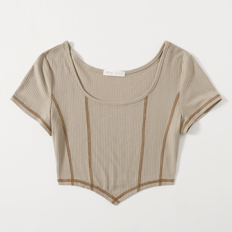 

Contrast Stitching Ribbed Crop Tee, Khaki