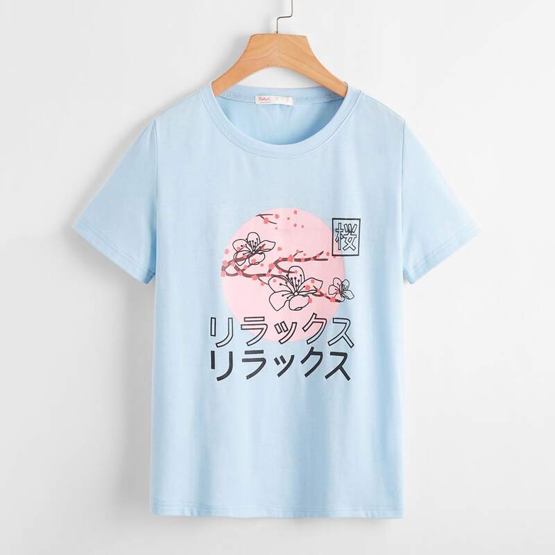 

Japanese Letter Floral Graphic Tee, Baby blue