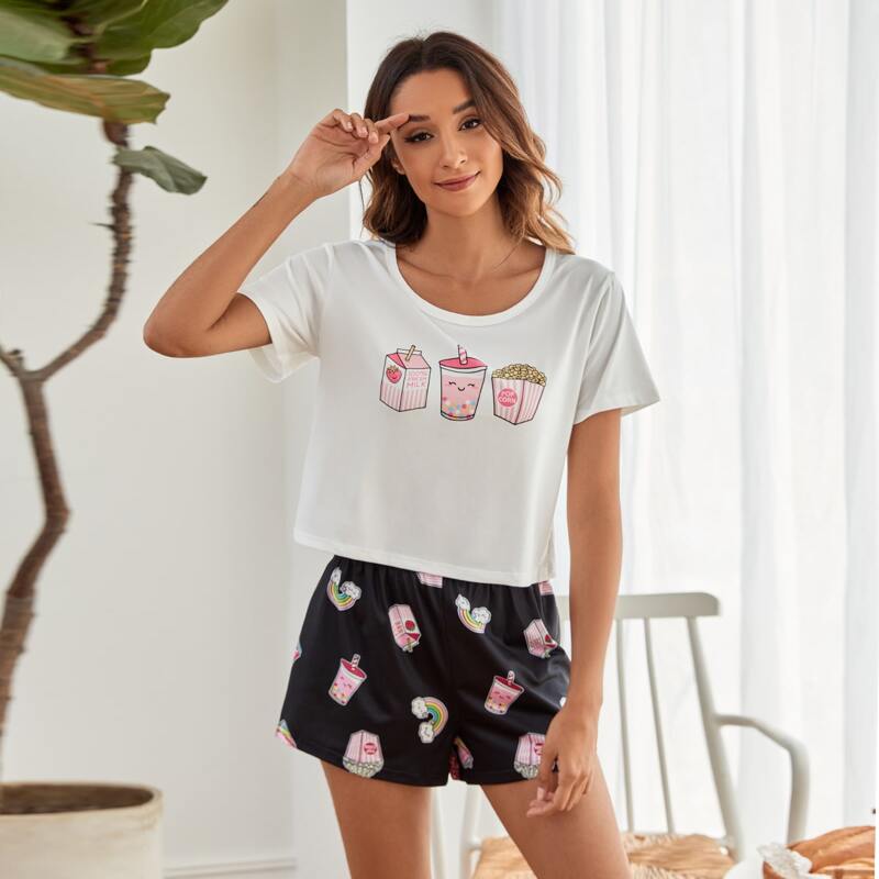 

Cartoon And Letter Graphic Pajama Set, Black and white