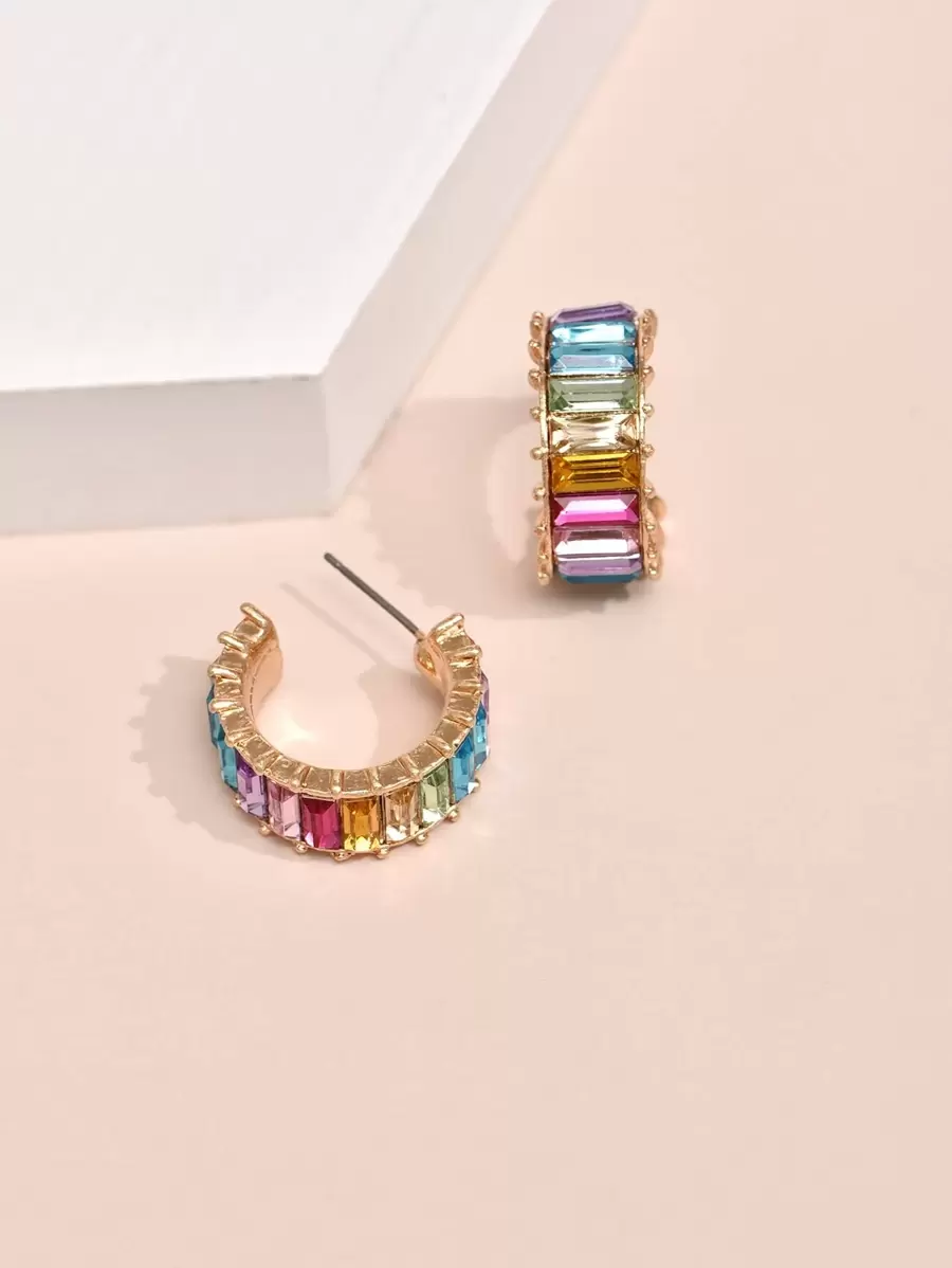 Rhinestone Decor Open Hoop Earrings - Multicolor - View 1