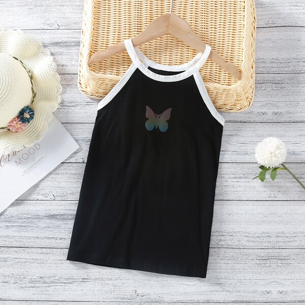 

Toddler Girls Butterfly Print Contrast Binding Halter Dress, Black