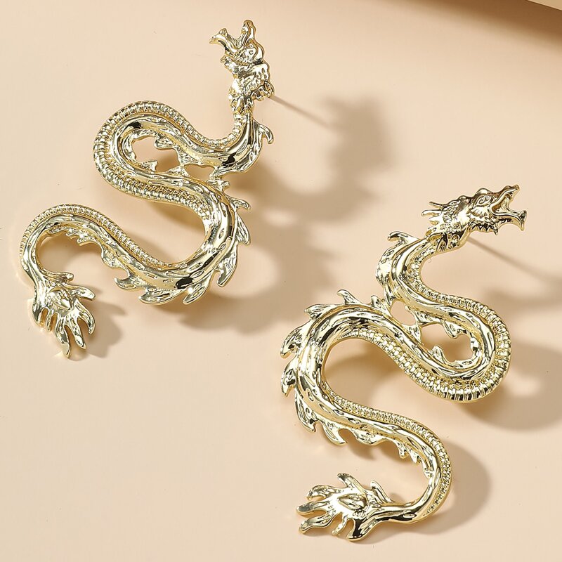

Chinese Dragon Design Stud Earrings, Gold