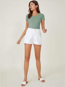 SHEIN BASICS Cotton Cap Sleeve Fitted Tee - Mint Green - View 3