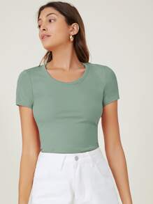 SHEIN BASICS Cotton Cap Sleeve Fitted Tee - Mint Green - View 4