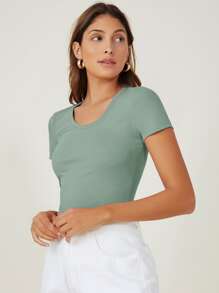 SHEIN BASICS Cotton Cap Sleeve Fitted Tee - Mint Green - View 5