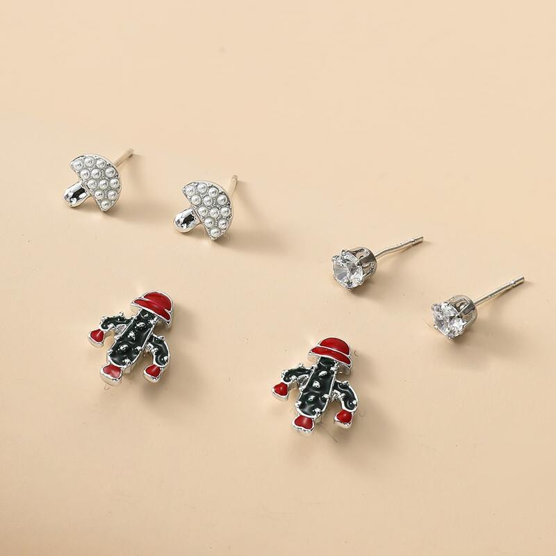 

3pairs Cactus & Mushroom Design Stud Earrings, Silver