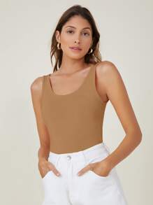 SHEIN BASICS 大圓領素色背心上衣 - 駝色 - 查看 4