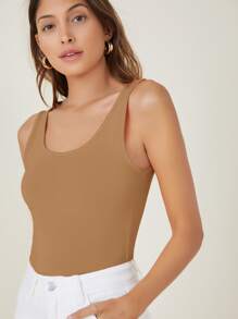 SHEIN BASICS 大圓領素色背心上衣 - 駝色 - 查看 5