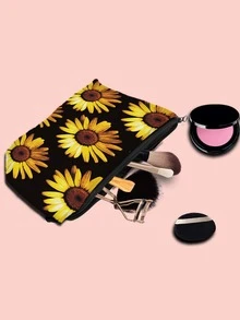 Sunflower Pattern Makeup Bag - Black - View 2