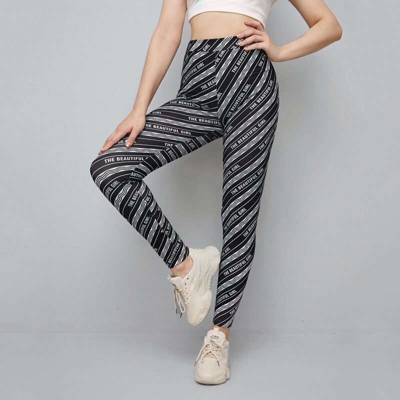 

Elastic Waist Letter & Striped Print Leggings, Black and white