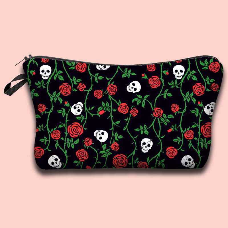 

Skull & Flower Makeup Bag, Black