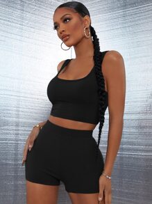 SHEIN SXY Rib-knit Solid Tank Top & Cycling Shorts Set - Black - View 1