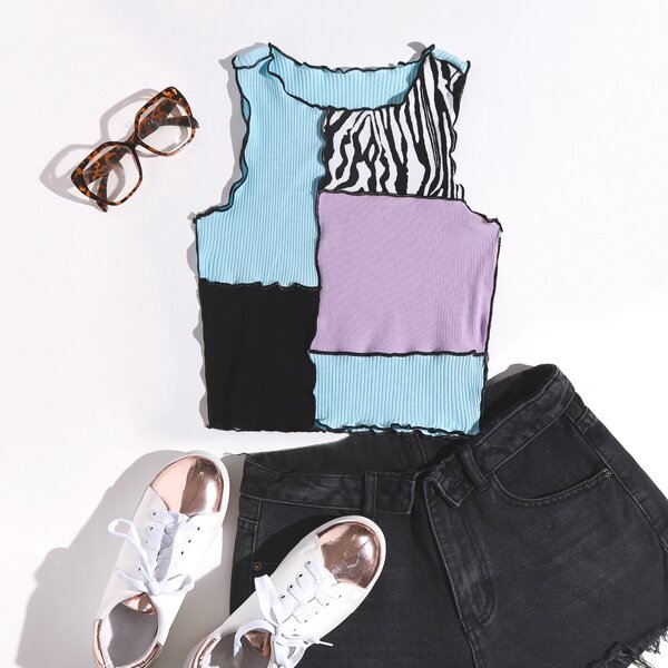 

Lettuce Trim Contrast Stitch Patchwork Tank Top, Multicolor