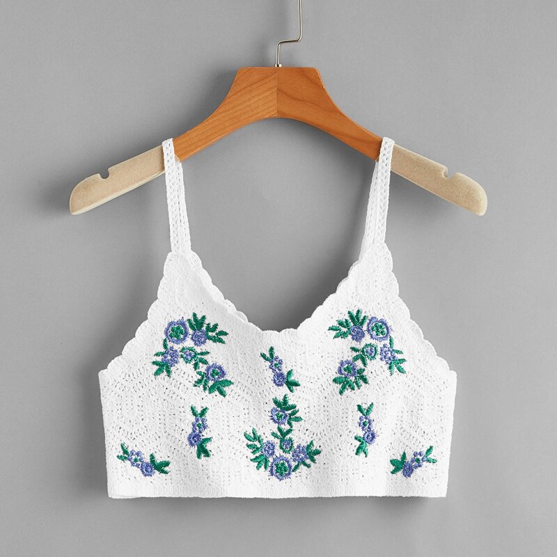 

Floral Embroidery Crochet Knit Top, White