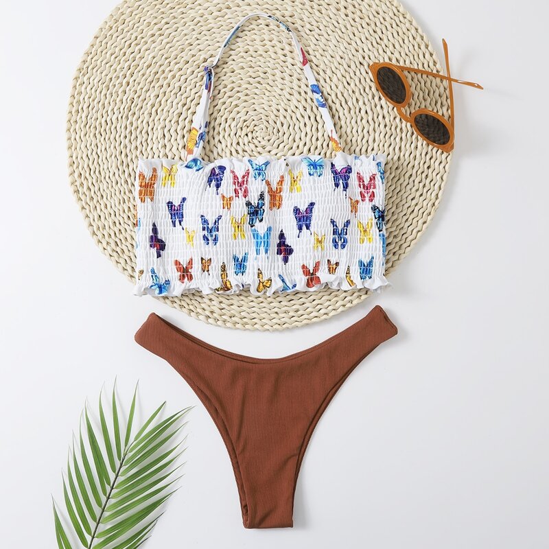 

Butterfly Print Smocked Bikini Swimsuit, Multicolor