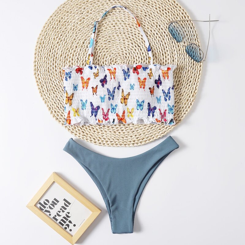 

Butterfly Print Smocked Bikini Swimsuit, Multicolor