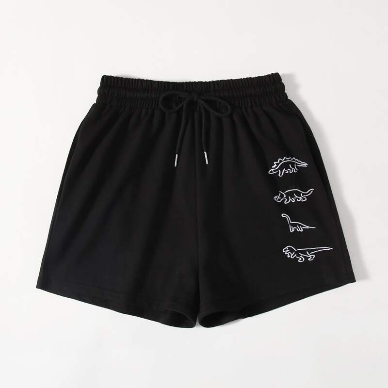 

Dinosaur Embroidery Tie Front Shorts, Black