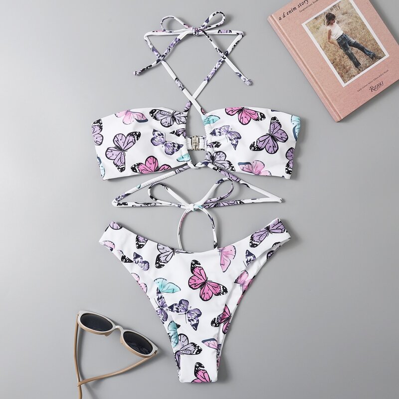 

Butterfly Print Halter Bikini Swimsuit, Multicolor